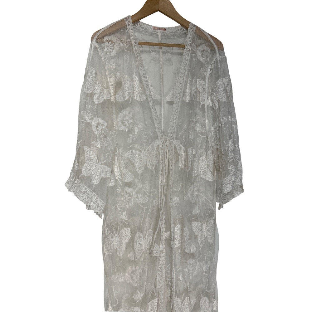 Choa White Sheer Mesh Butterfly Embroidered Kimono Cover Up 23" Wide 48" Long